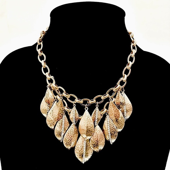 NEIMAN MARCUS | Autumn Gold Textured Leaves Bib Necklace w CZ Detail | NEW - Picture 7 of 11